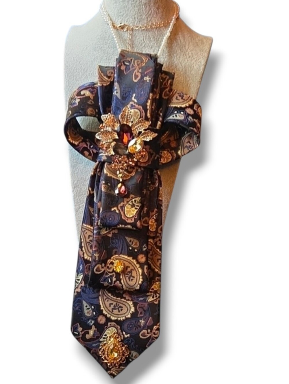 3/$60 Embellished Navy And Tan Paisley Silk Cravat with Decorative Brooch